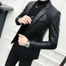 Hot Sale Formal Dress Mens Slim PU Leather Blazers Lapel Collar Jackets Korean