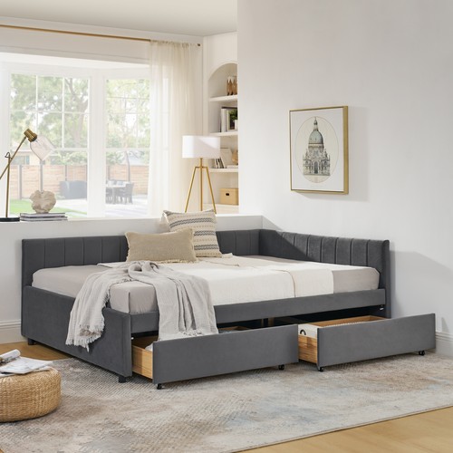 Full Size Velvet Upholstered Tufted Bed Frame Sofa Bed Daybed W/ 2 Drawers Grey - Picture 2 of 24