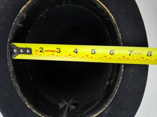 Vintage DeLuxe Quality Black Wool top hat 6.75" tall black bow "good" cond. - Picture 11 of 13