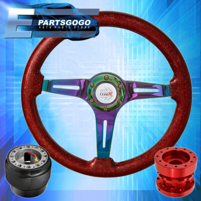 Metallic Red Wood Neo Chrome Steering Wheel + Red Hub Extender For 89-05 Eclipse