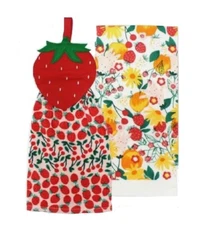 Celebrate Spring Strawberry Floral Tie-Top Cotton Kitchen Dish Towels Set of 2