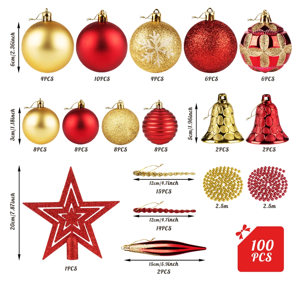 Weihnachtskugeln Rot Gold Kunststoff mit Baumspitze Stern Baumkugeln 100 Stück - Bild 2 von 4