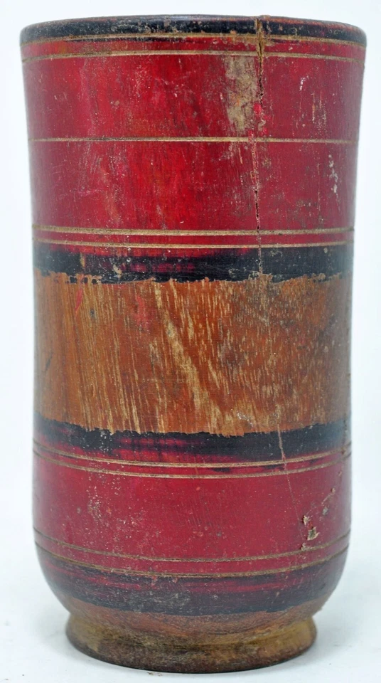 Antiguo vaso de madera de vidrio original lacado tallado a mano pintado Foto 2 de 4