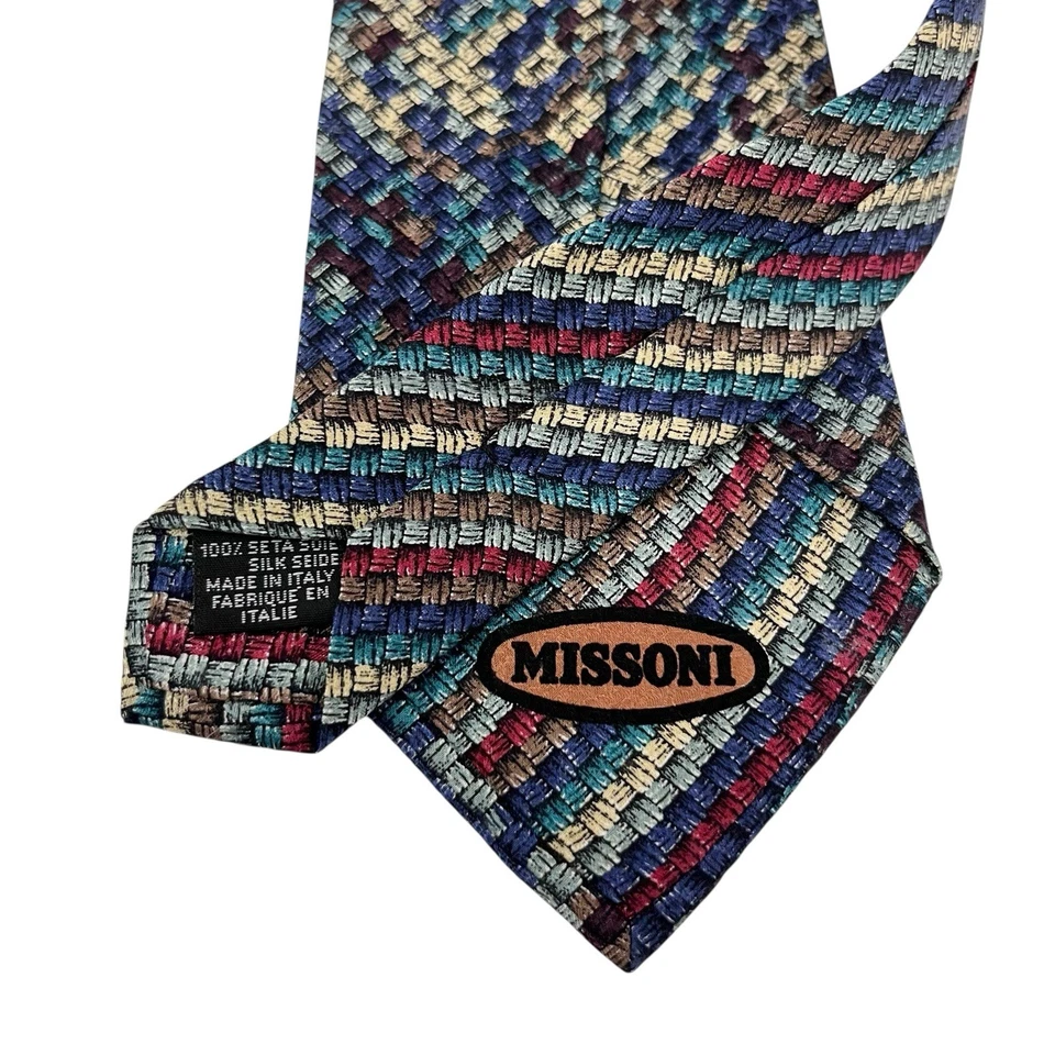 Corbata para hombre Missoni multicolor tejido de canasta seda satinada 3 5/8" (W) 58" (L) guc Foto 2 de 4