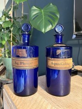 Antique Cobalt Blue Pharmacy Bottles Pair Victorian Chemist Shop Display