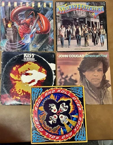 5 VINTAGE 1970's ROCK VINYL RECORD ALBUM LOT KISS ROLL OVER MOLLY HATCHET COUGAR