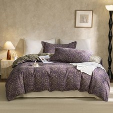 Purple Green Floral Duvet Cover Twin XL Reversible Boho Jacquard Linen Cotton