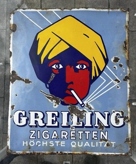Emailschild Greiling Zigaretten 50x60cm Gelber Turban Seltene Ausführung