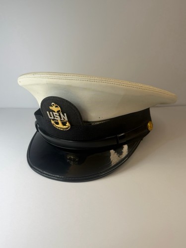 Vtg U.S. Navy Cap Chief Petty Officer CPO Bancroft White w/ Khaki Hat Yellowing
