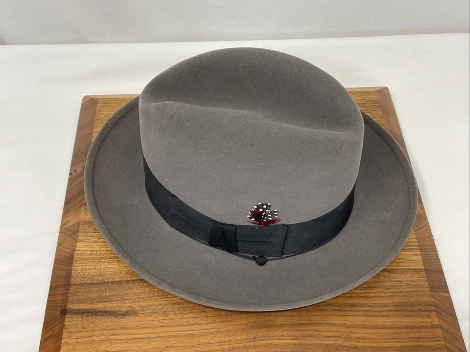 复古男式 7 中号朝圣者黑貂饰面海狸 Fedora 帽子灰色毛皮毛毡 1950 年代 — 第 4/4 张图片