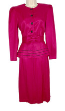 Vintage 1980s pink peplum suit M jacket skirt set long sleeve 1940s style dress