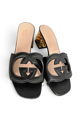 Gucci Interlocking GG cut-out Leder Pantoffeln Sandalen Schwarz Gr. 37.5