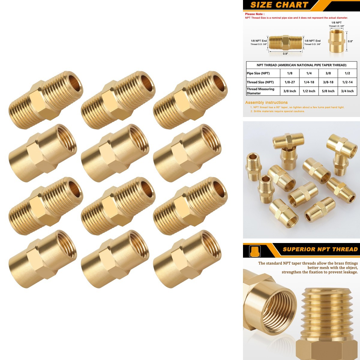 KOOTANS 12pcs 1/8" NPT Brass Nipple & Coupling Set