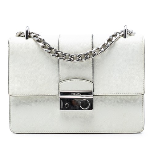 Prada Small Saffiano Sound Lock Chain Crossbody Pre-Loved Bag Off White