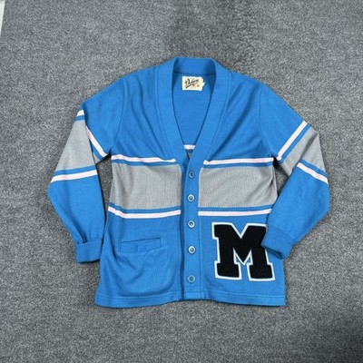 Dehen Cardigan Sweater Mens Medium Blue Gray Stripe Varsity M Patch Knit USA