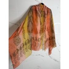 VTG Silk mark Orange Yellow Silk Scarf 28"x74" Stunning paisley Boho Shawl