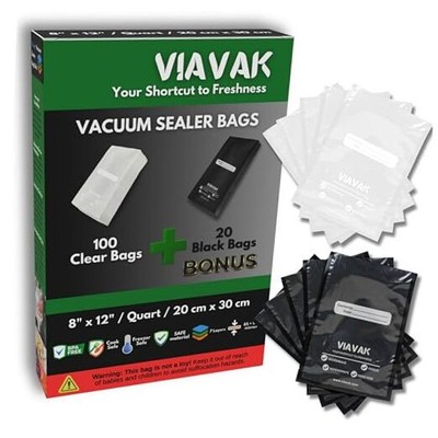  (8x12 Inch) Vacuum Sealer Bags for Food | 100 Clear + 20 Bonus Black | 7 