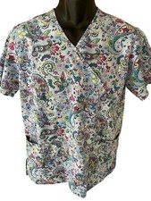 SB Scrubs Scrub Top Women's Small Blue Green Purple White Pink Floral V-Neck