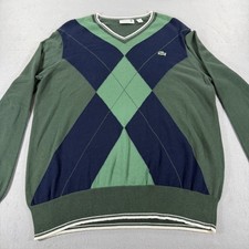 Lacoste Argyle V-Neck Sweater L   Green Navy Crocodile Logo Preppy Golf Knit