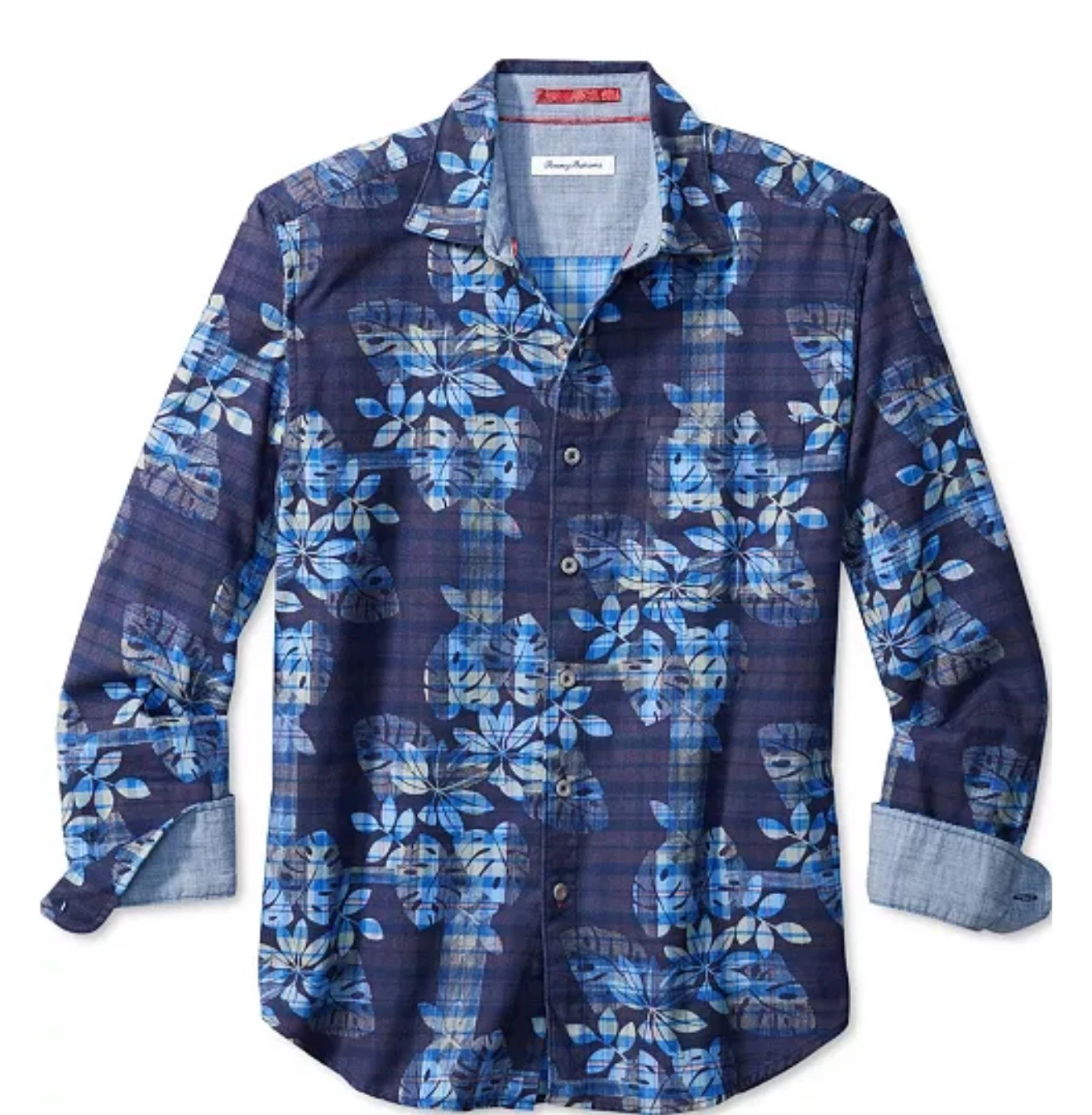 EUC Tommy Bahama Long Sleeve Mens Navy Blue Floral Shirt Jingle Plaid Rock 2XLB