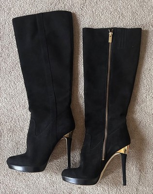 Michael Kors Black & Gold Suede Tall Platform Stiletto High Heel Boots, Size 9