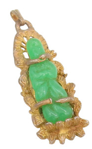 Authentic 925 Sterling Silver Vintage Pendant Gold Plated Jade God On Lotus Carved PT24606