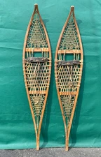 Lovely EARLY Antique OJIBWA SNOWSHOES 57x11 Snow Shoes w/OLD LEATHER BINDINGS