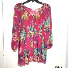 Charter Club Size XL Sheer Fuchsia Floral Pintuck Tie Front 3/4 Sleeve Tunic Top