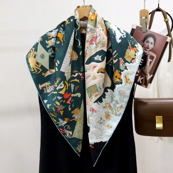 14 Momme Twill Silk Square Bandanna Scarf wave Print Shawl 35'' Neckerchief Wrap