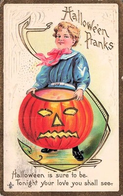 Vintage Halloween Card Pumpkin Jack O' Lantern Spooky Pranks Sailor Postcard I17