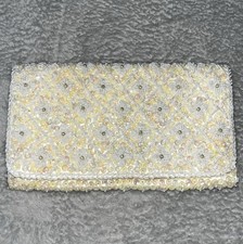VTG MM KANE HANDMADE FORMAL EVENING BEADED SEQUINS CLUTCH PURSE IVORY HONG KONG