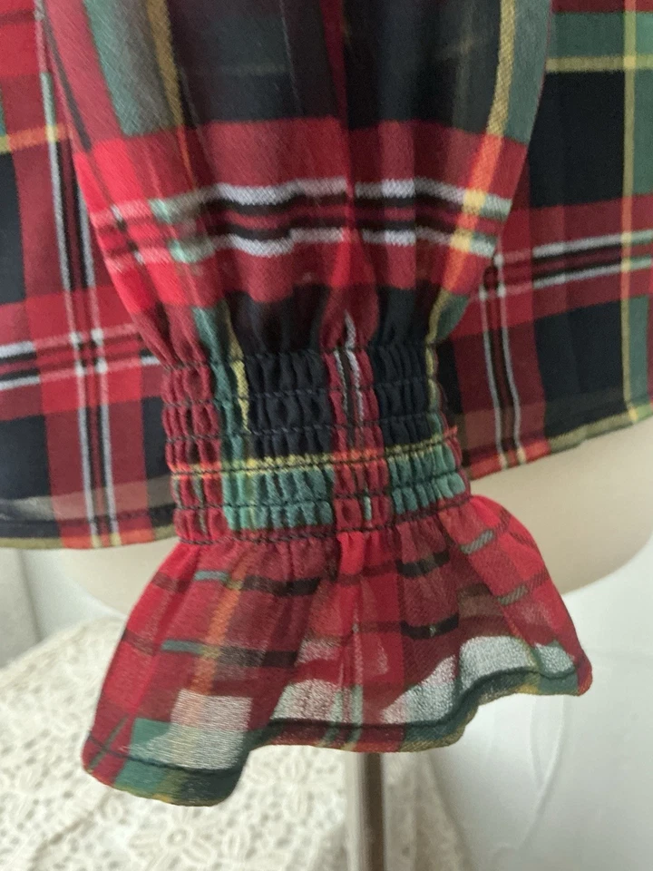 Talbots Sz Petite Blouse Red Plaid Tartan Sheer lined Ruffle Sleeve No Iron - Image 4 of 4