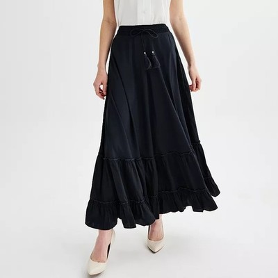 Catherine Malandrino Women's Tassel Tie Waist Tiered Maxi L Skirt Navy/Black