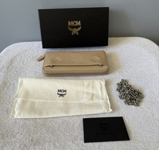 New MCM Aren Chain Long Zip Around Beige Wallet Embossed Monogram Leather