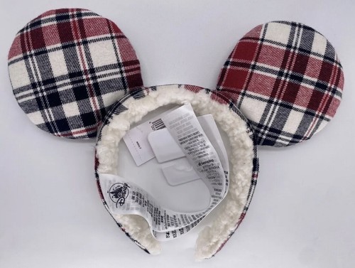 Disney Parks Joy Mickey Mouse Holiday Plaid Fuzzy Christmas Ears Headband - Picture 2 of 3