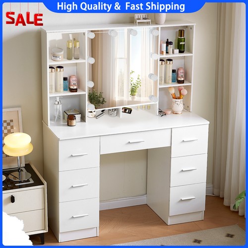 White Dressing Table Vanity Makeup Desk Set with LED Light Mirror and 7 Drawers - Picture 6 of 8