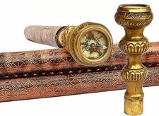 Engraved leather Curved Brass Compass Knob Head Handle Wooden Walking Stick
