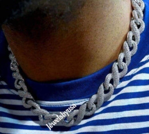 Authentic Men's Genuine Moissanite 16mm Infinity Cuban Necklace White Gold Plated Silver
