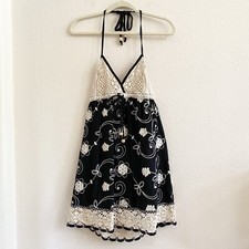 Miss Me Halter Dress Ivory Black Crochet Lace Lined Embroidered Women’s Medium