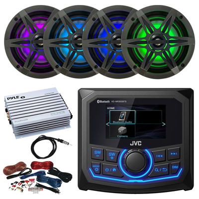 JVC Marine AM/FM/WB Radio, 4x 6.5'' LED Speaker, Grille, Amplifier w/Kit, Antenna