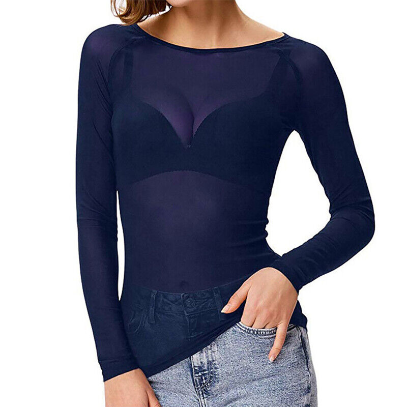 ◇ILLIGO◇ Mesh Sheer Layered Tee Navy Mesh Sheer See-Through Long Sleeve Summer Crop Tops T-Shirt