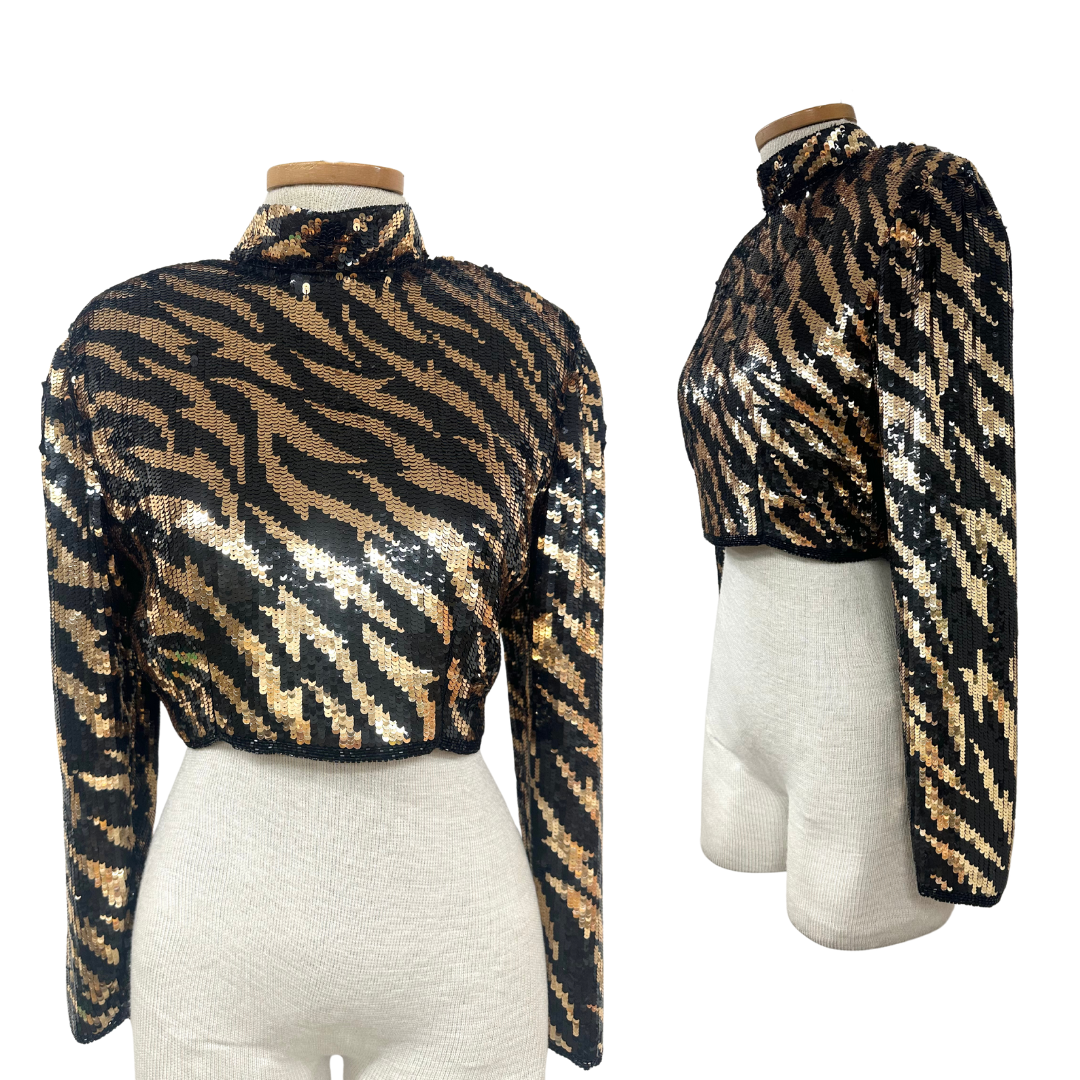 Vintage 1980s Scarlet Rage Sequin Tiger Print Long Sleeve Zip-Up