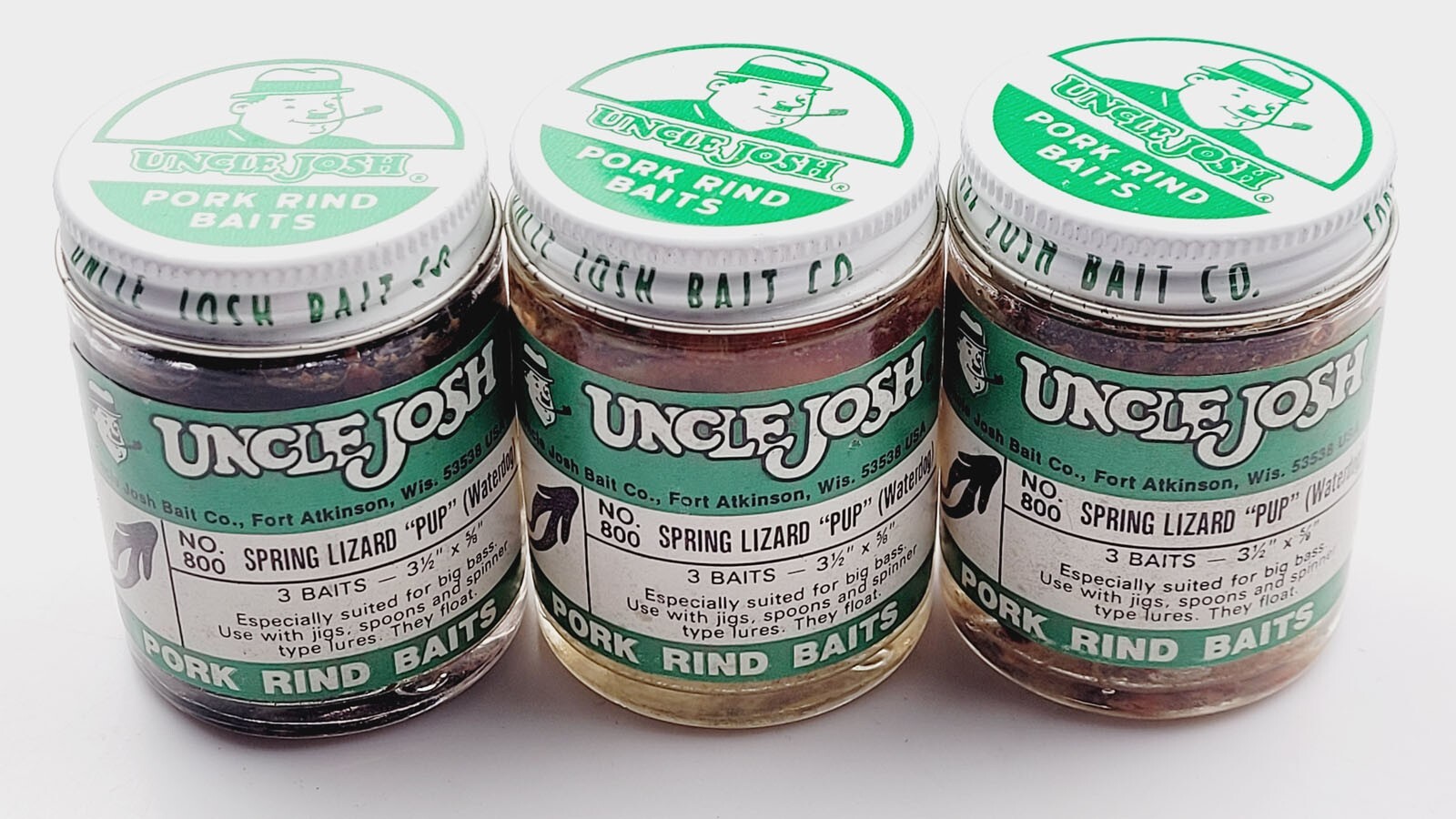 Uncle Josh Pork Rind Spring Lizard Pup Waterdog 800 3 Glass Jars eBay