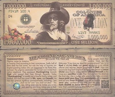 Thanksgiving Pilgrim Million Dollar Play Funny Money Gospel Tract + FREE SLEEVE