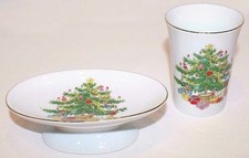 Christmas Tree Ceramic Bathroom Cup and Soap Dish Set - Japan, White Green