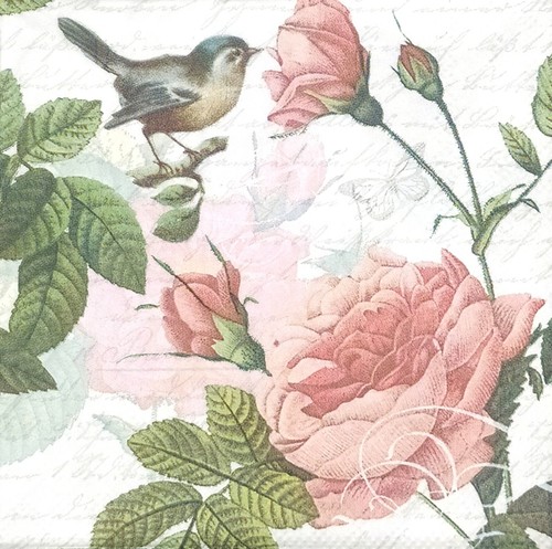 S300# 3 servilletas de papel pequeñas individuales para decoupage pájaro con rosas collage de guiones - Imagen 2 de 4