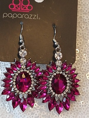 Paparazzi Big Time Twinkle Pink Earrings Silver Metal 