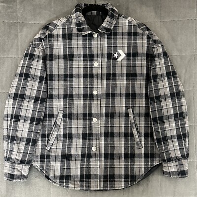 Converse Adult Jacket Shacket Reversible Flannel Quilted Black Grey Size Small