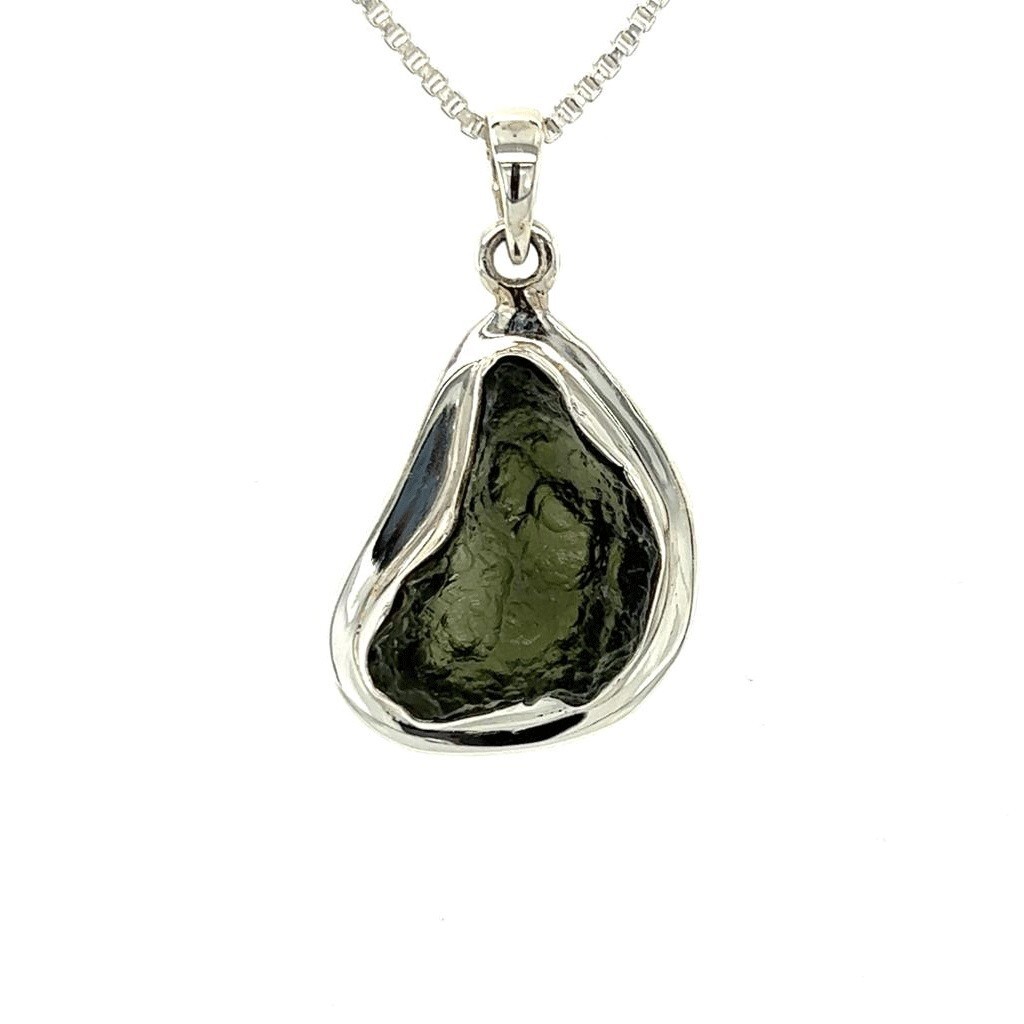 Authentic Moldavite Gemstone Raw Pendant Sterling Silver Jewelry