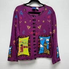 Sport Elle Womens Purple Knit Long Sleeve Button Front ART TO WEAR Cardigan M